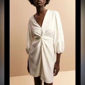H&M cream twist front mini dress balloon sleeve